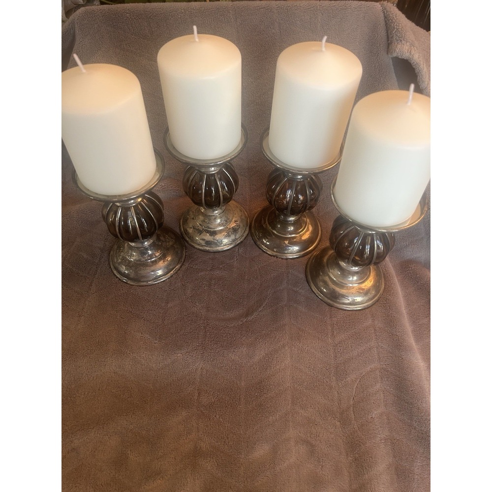 Set of 4 Vintage Silver-Plated Candlestick Holders Orb Body Bubble Glass Candle